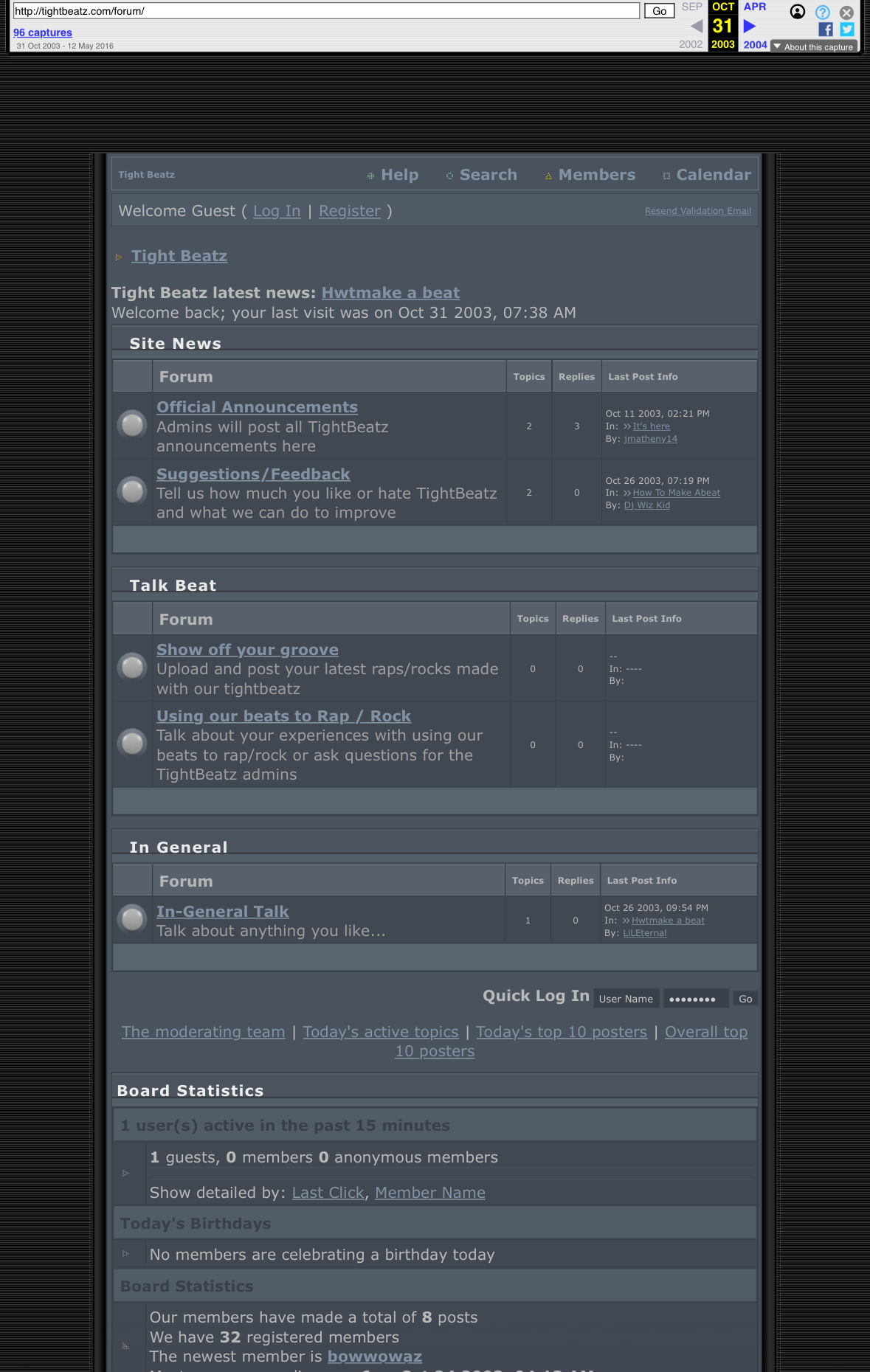 Cropped Wayback screenshot derivative of the October 2003 TightBeatz forum index