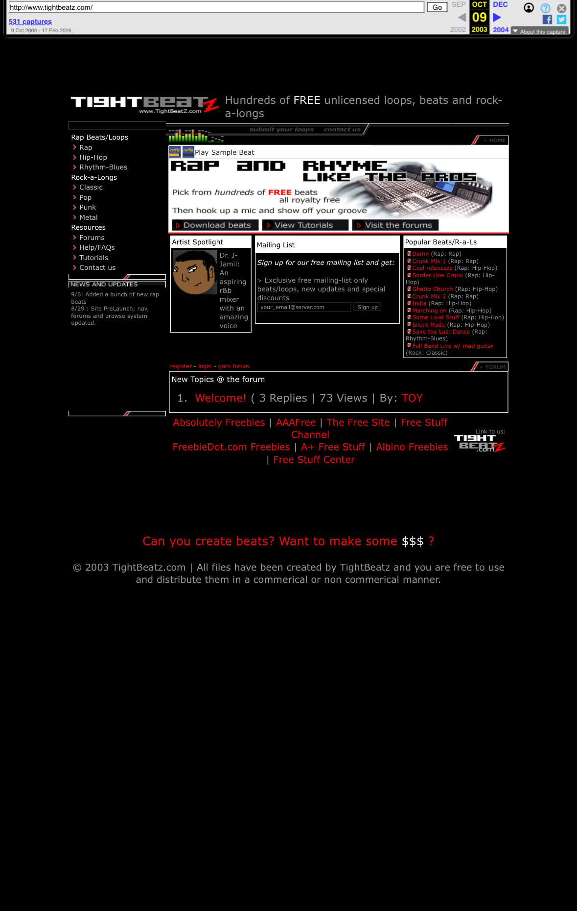 Cropped Wayback screenshot derivative of the October 2003 TightBeatz homepage
