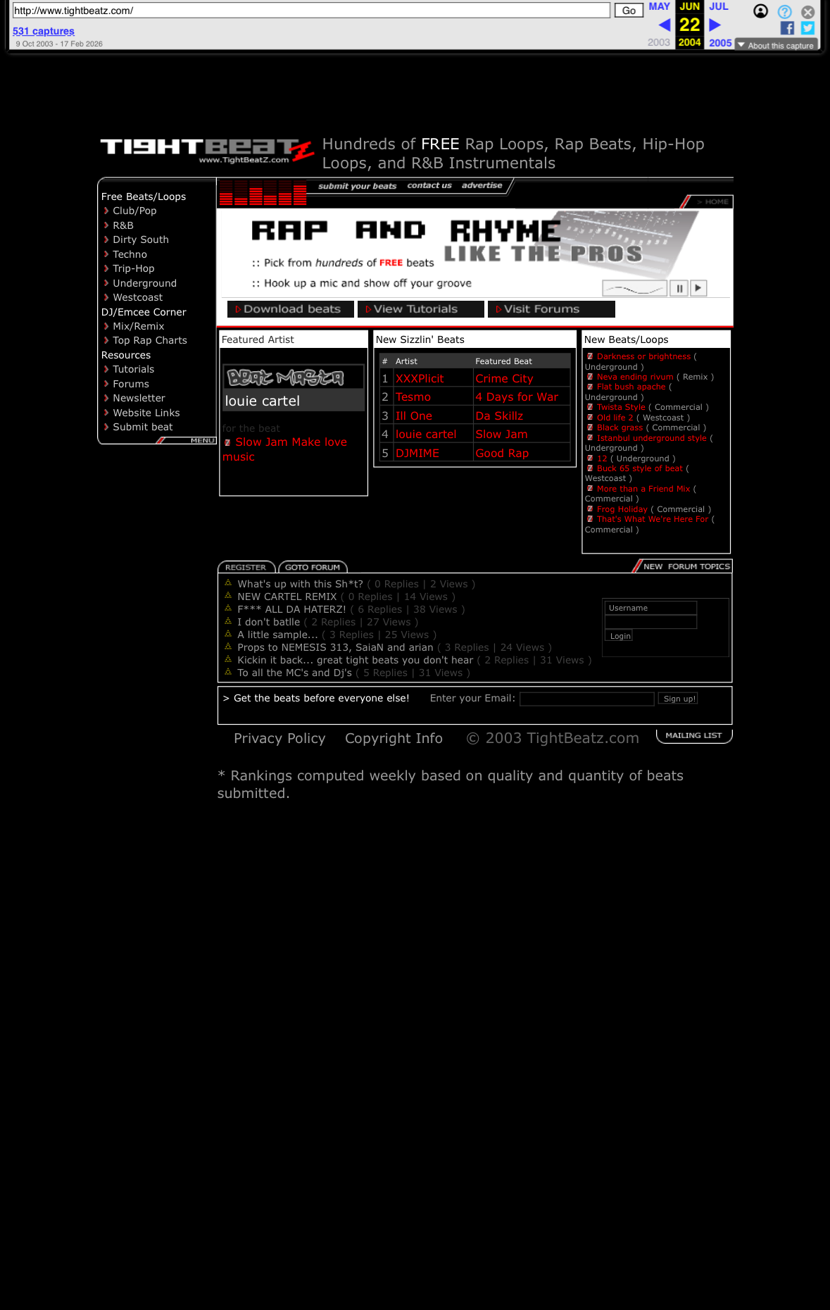 Cropped Wayback screenshot derivative of the June 2004 TightBeatz homepage
