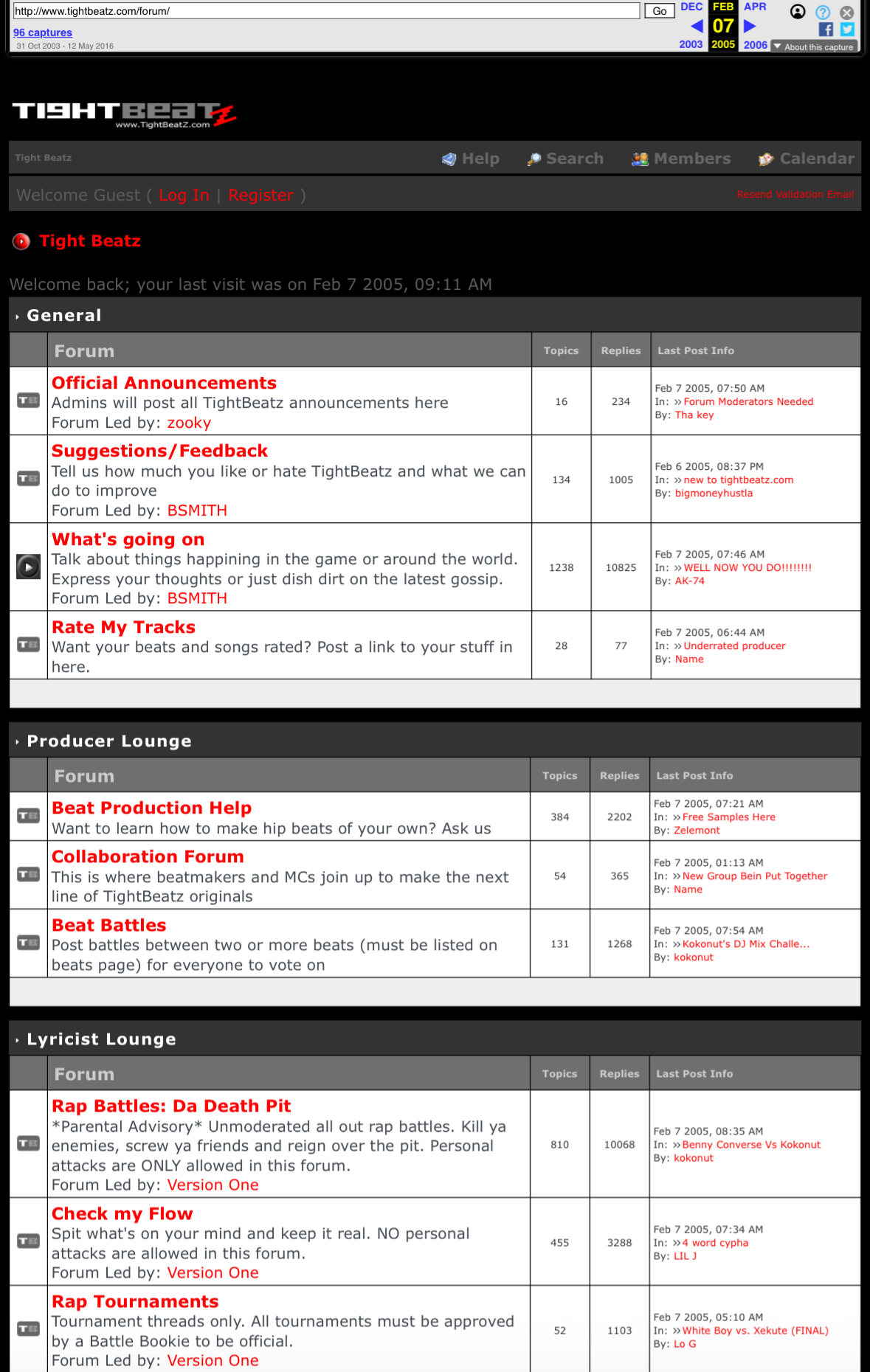 Cropped Wayback screenshot derivative of the February 2005 TightBeatz forum index