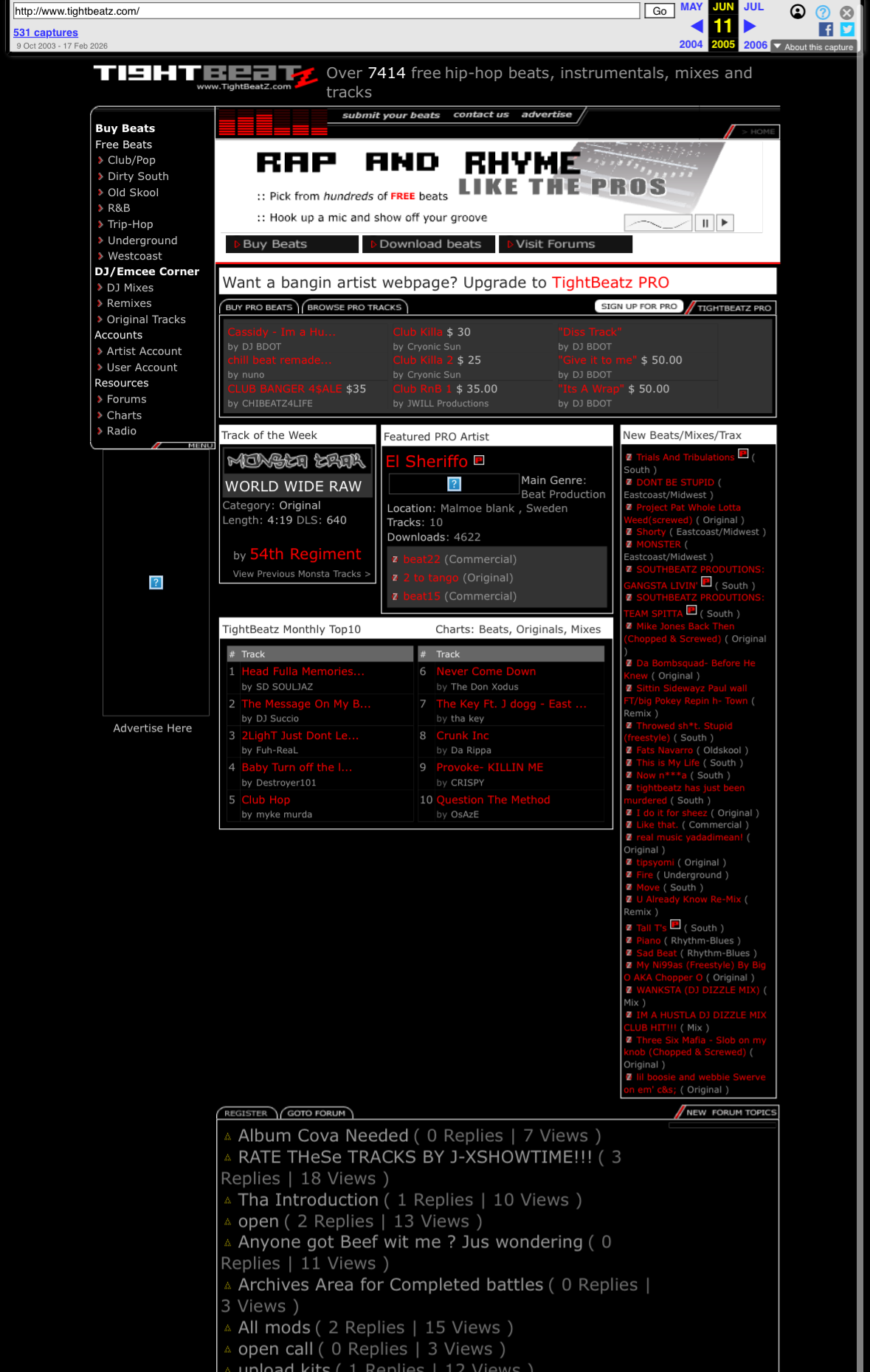 Cropped Wayback screenshot derivative of the June 2005 TightBeatz homepage