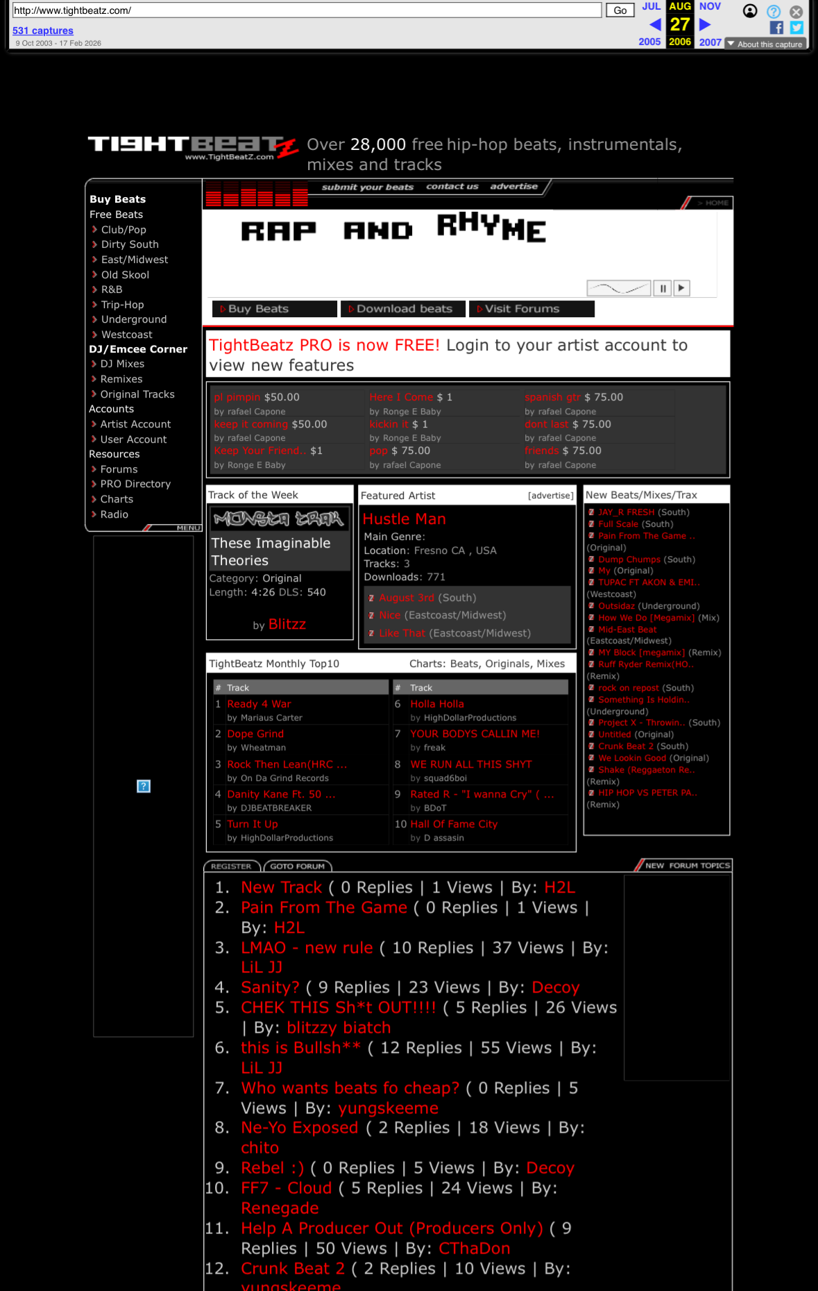 Cropped Wayback screenshot derivative of the August 2006 TightBeatz homepage