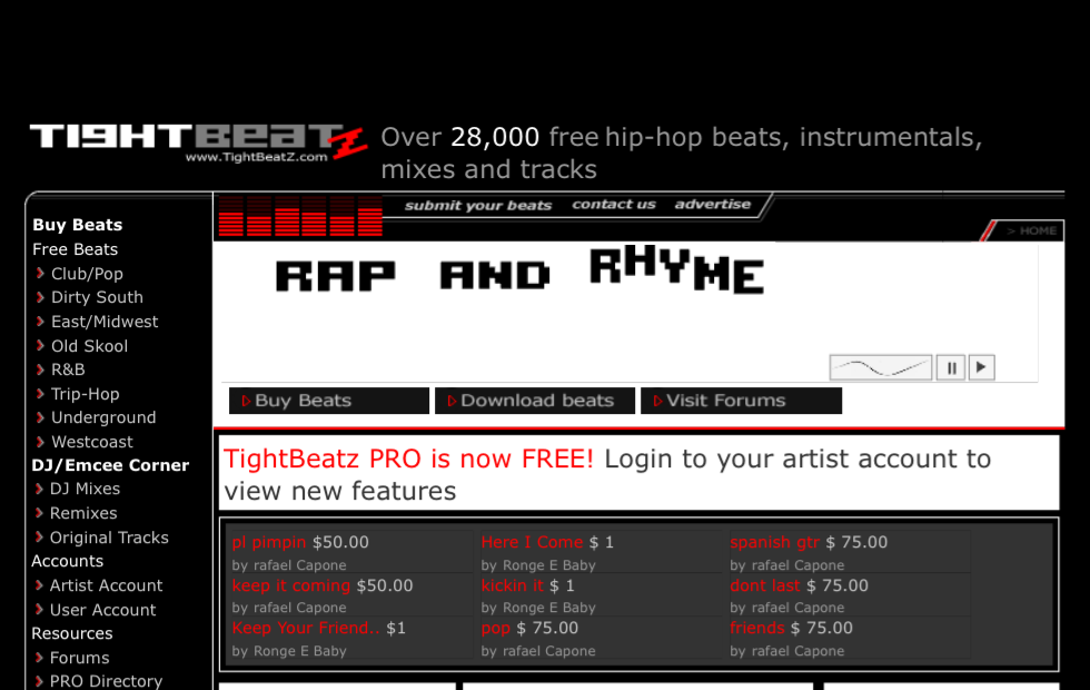 Focused crop of the August 2006 TightBeatz homepage screenshot derivative contributed by Nynnjuh