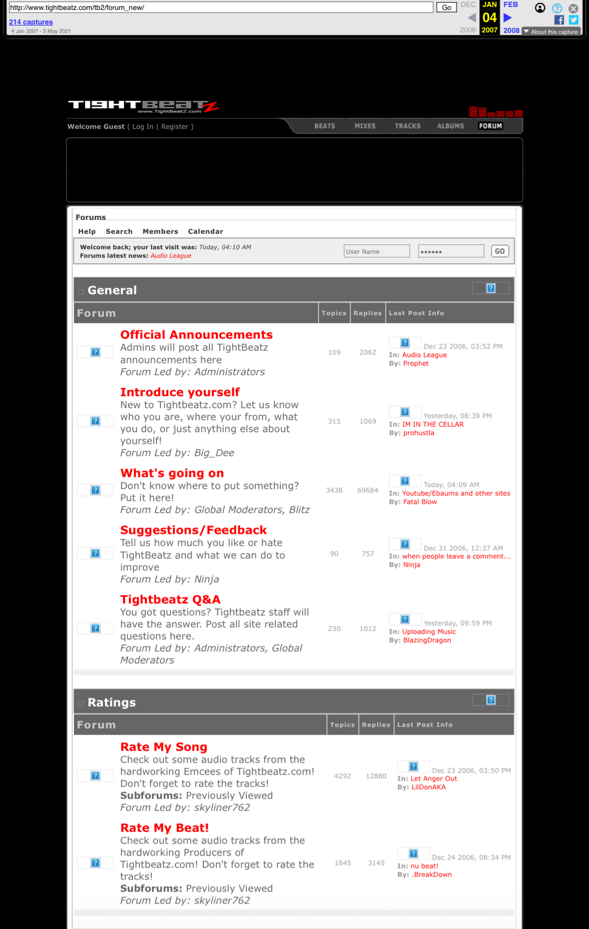 Cropped Wayback screenshot derivative of the January 2007 TightBeatz 2 forum index