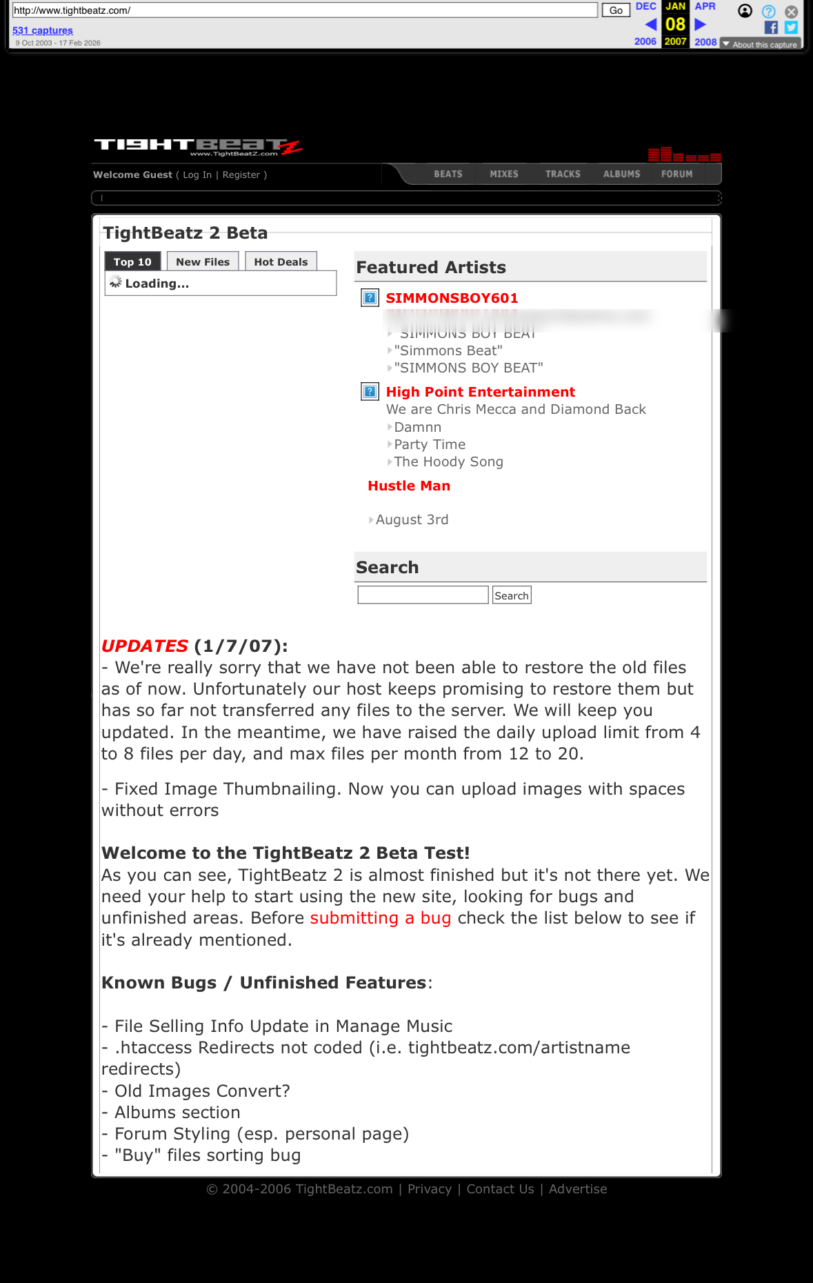 Cropped Wayback screenshot derivative of the January 2007 TightBeatz 2 beta page with an old contact line blurred