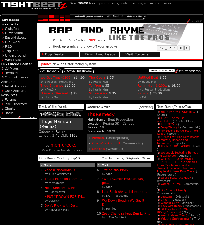 Wayback-rendered January 12, 2006 TightBeatz frontpage with Monthly Top10 chart ranks
