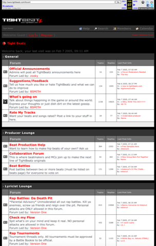 Cropped Wayback screenshot derivative of the February 2005 TightBeatz forum index