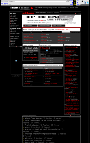 Cropped Wayback screenshot derivative of the June 2005 TightBeatz homepage